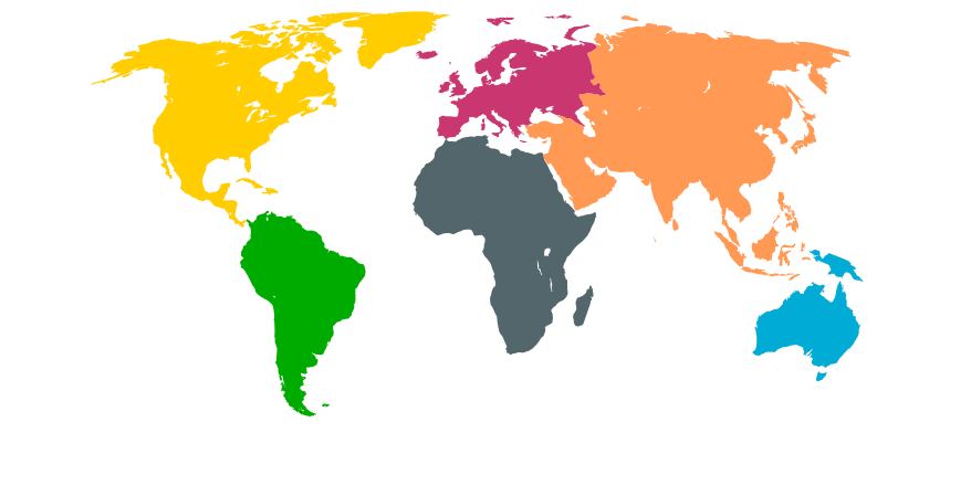 Map of the world with continents in different color